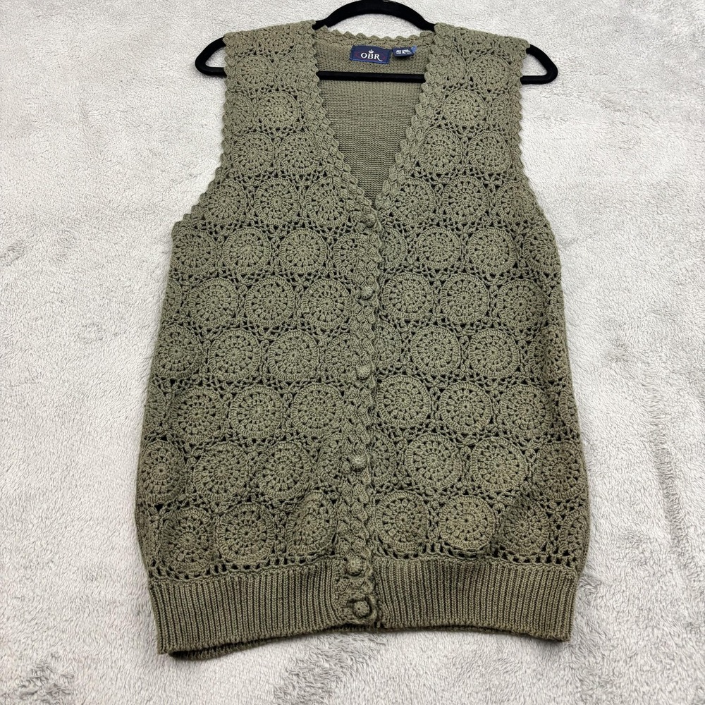 VTG OBR Crochet Knit Sweater Vest Womens S Olive Green Goblincore Grannycore